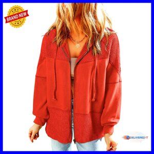 Waffle Knit Hooded Zip Up Jacket Oversized Casual Fall Winter Sweatshirt